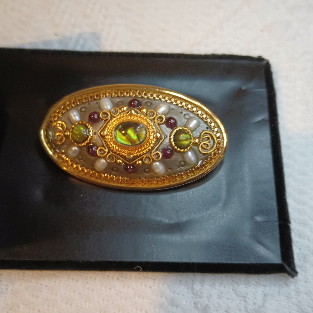 VINTAGE Michal Golan Brooch Pendant Freshwater Pearls Garnets